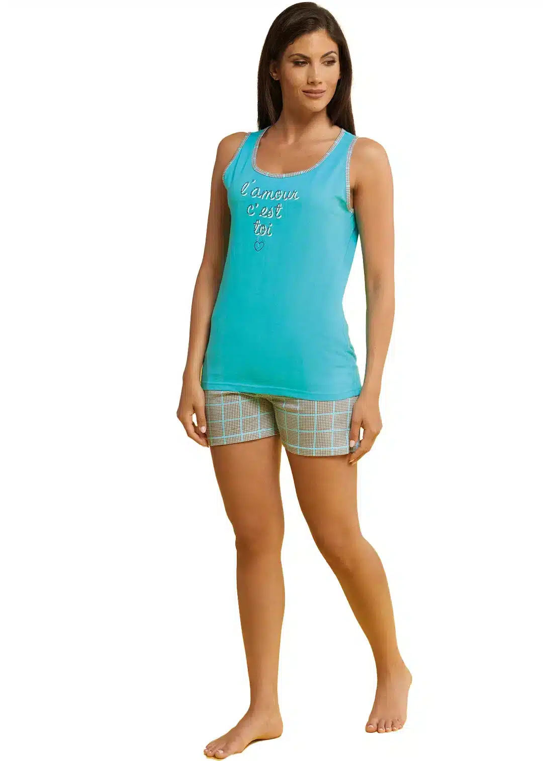 pigiama azzurro da donna con pantaloncini a quadretti