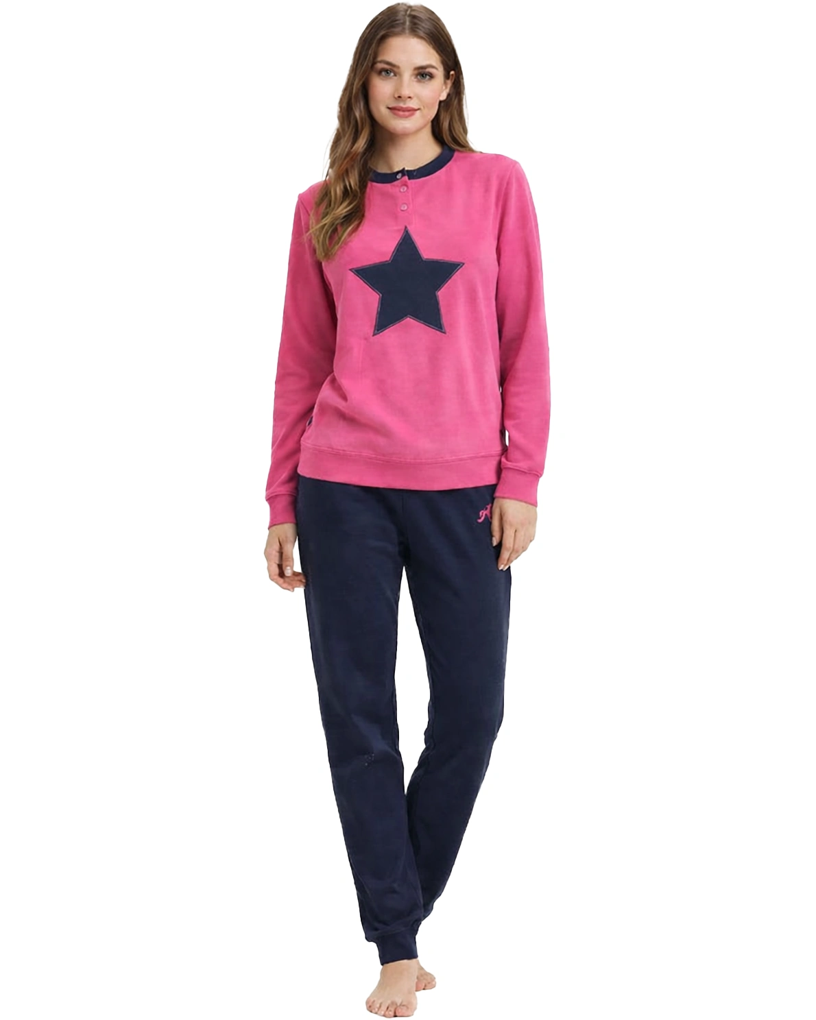 pigiama in pile per donna con maglia rosa e disegno con stella centrale