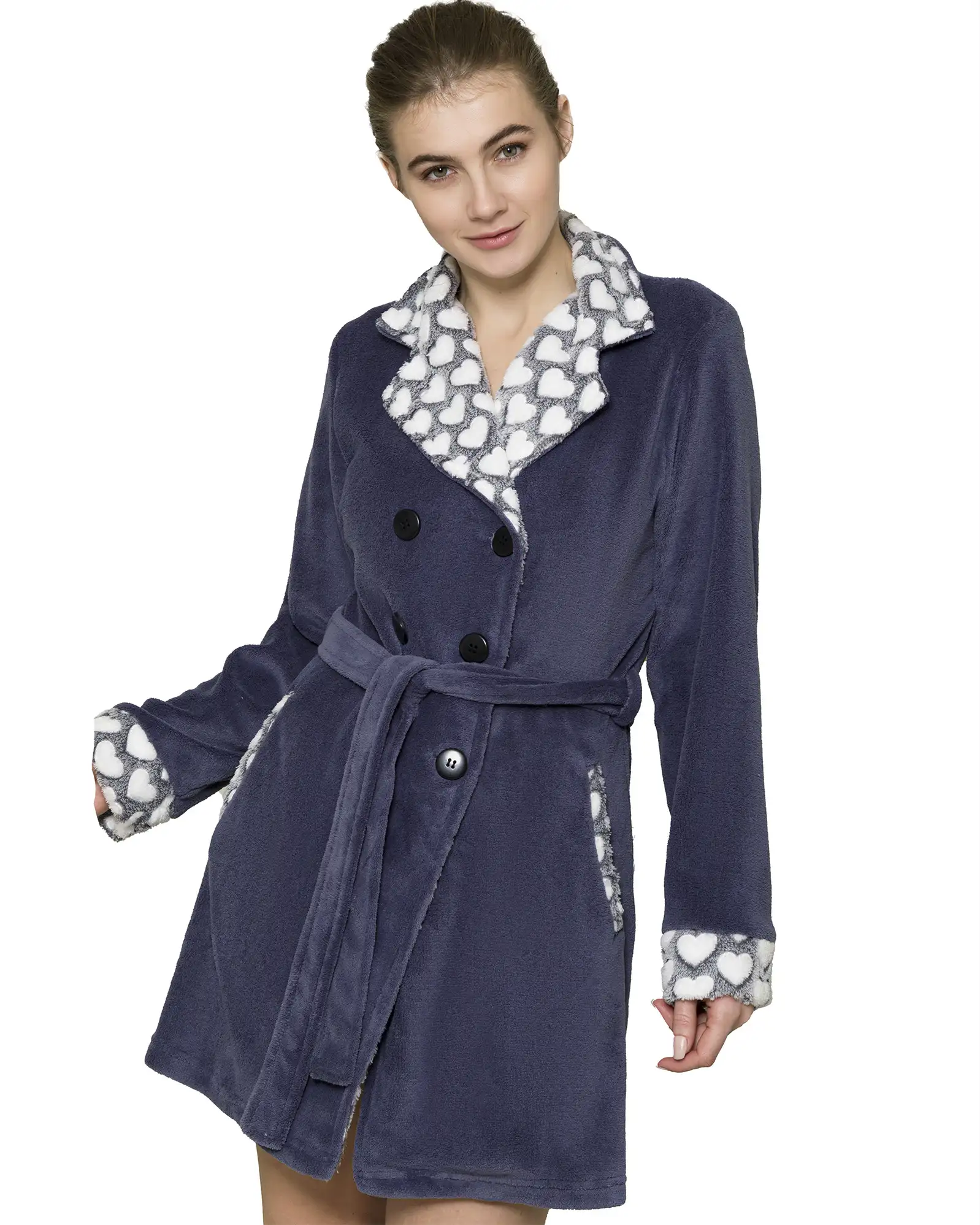 vestaglia calda in pile da donna colore blu con cuori bianchi