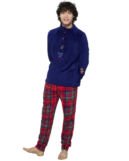 pigiama da uomo invernale in pile colore blu e rosso