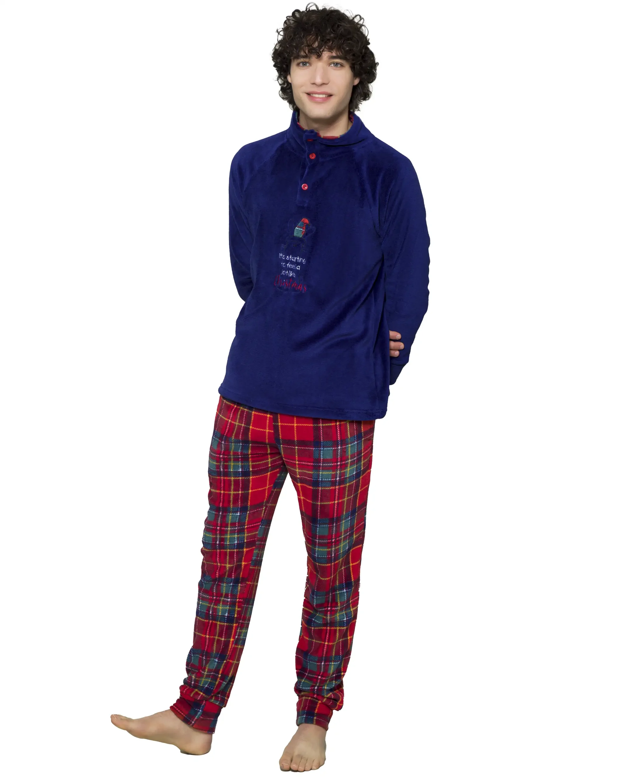pigiama da uomo invernale in pile colore blu e rosso