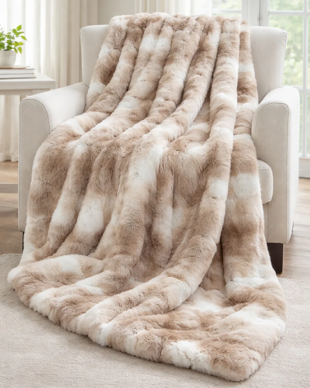 coperta in pelliccia adagiata su poltrona , in stile shabby chic morbida e calda