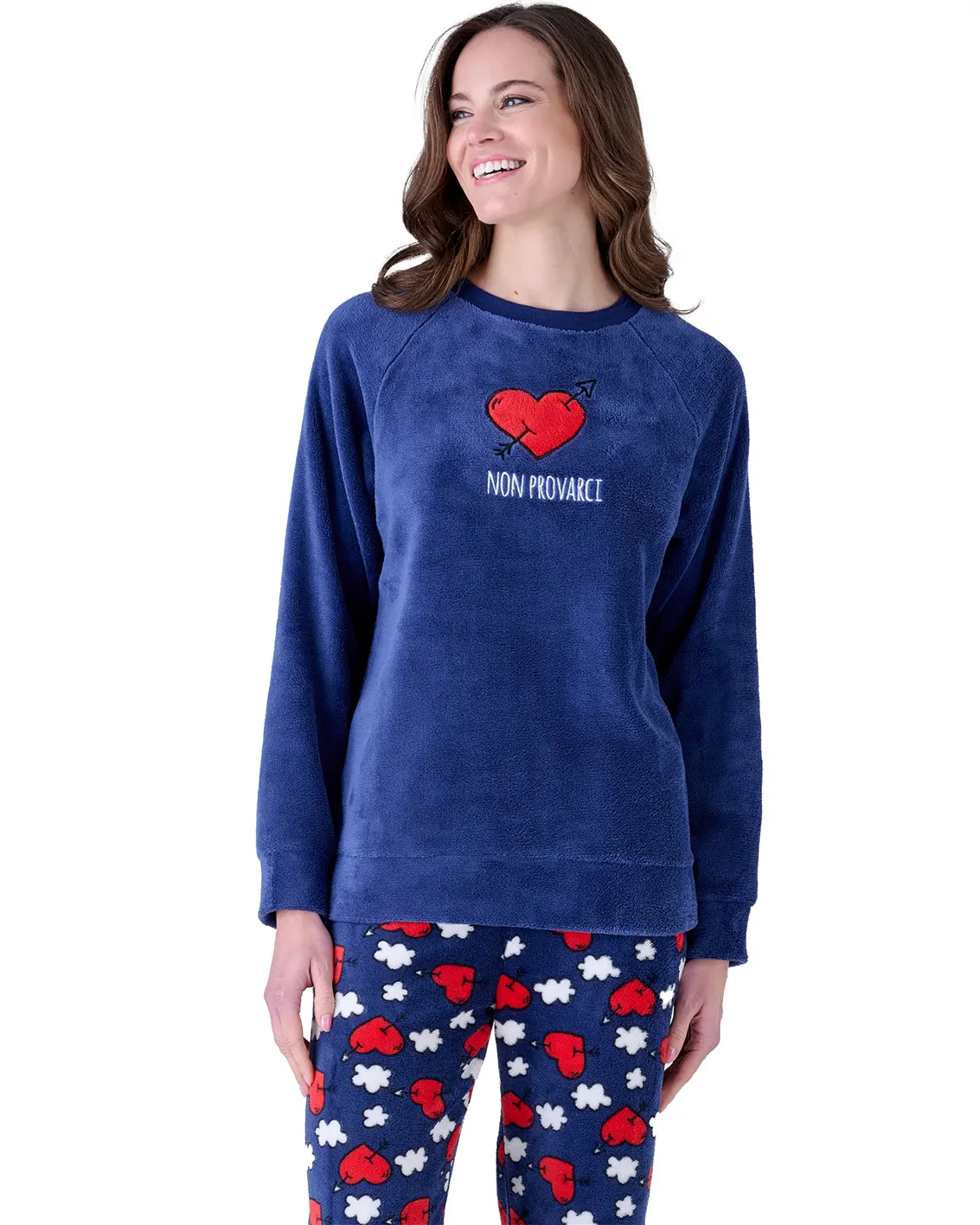 pigiama blu caldo per donna con pantaloni fantasia cuori