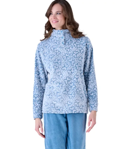 pigiama caldo donna azzurro con maglione bianco e fantasia di farfalle