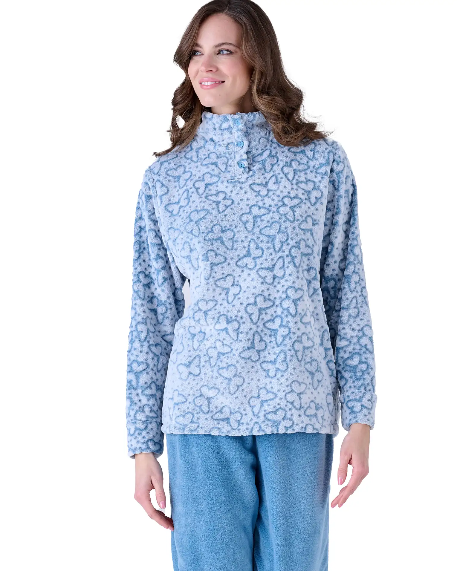 pigiama caldo donna azzurro con maglione bianco e fantasia di farfalle
