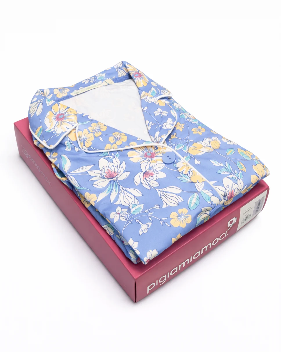 pigiama aperto donna in caldo cotone azzurro a fiori