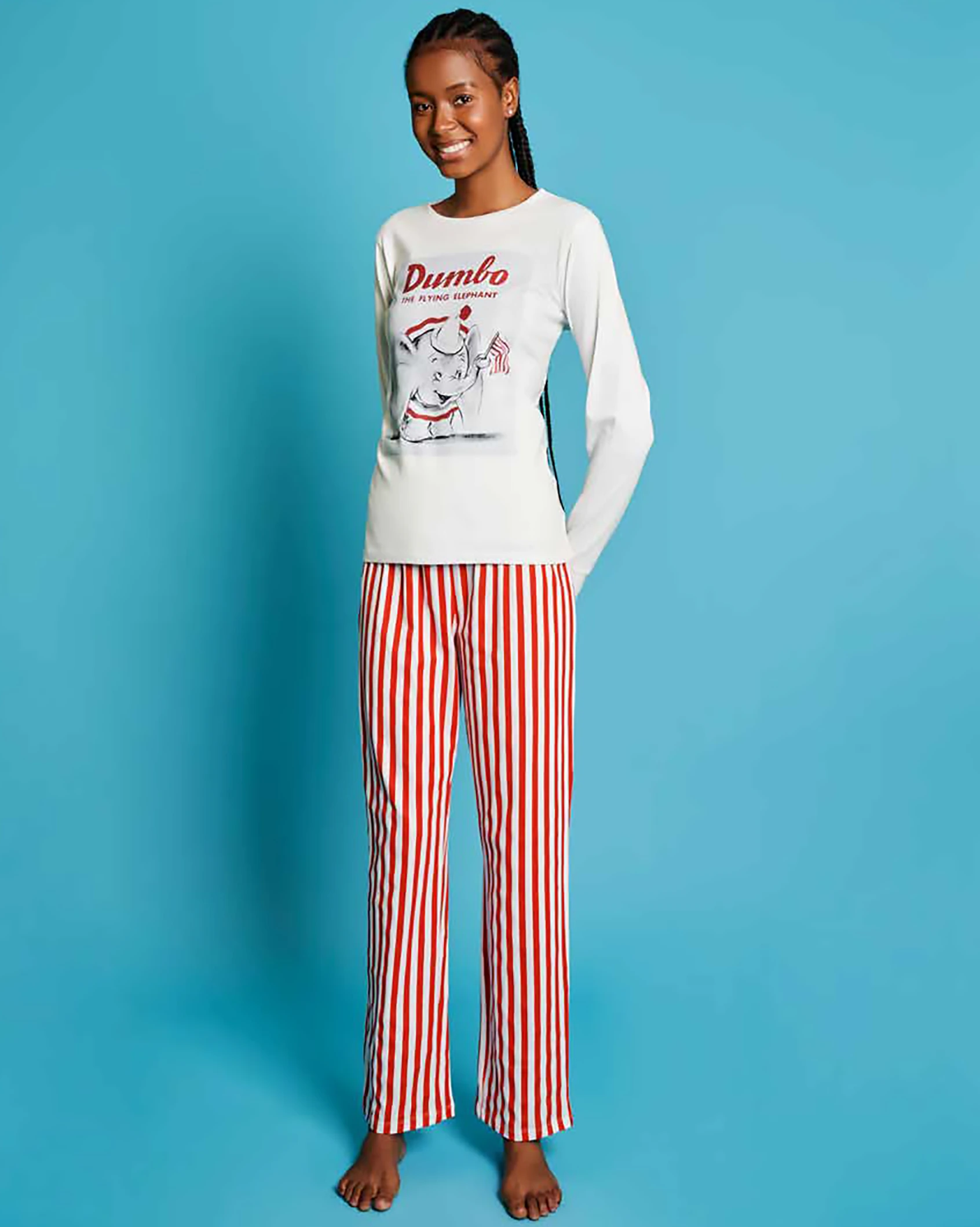 donna con pigiama cotone dumbo disney a righe rosse
