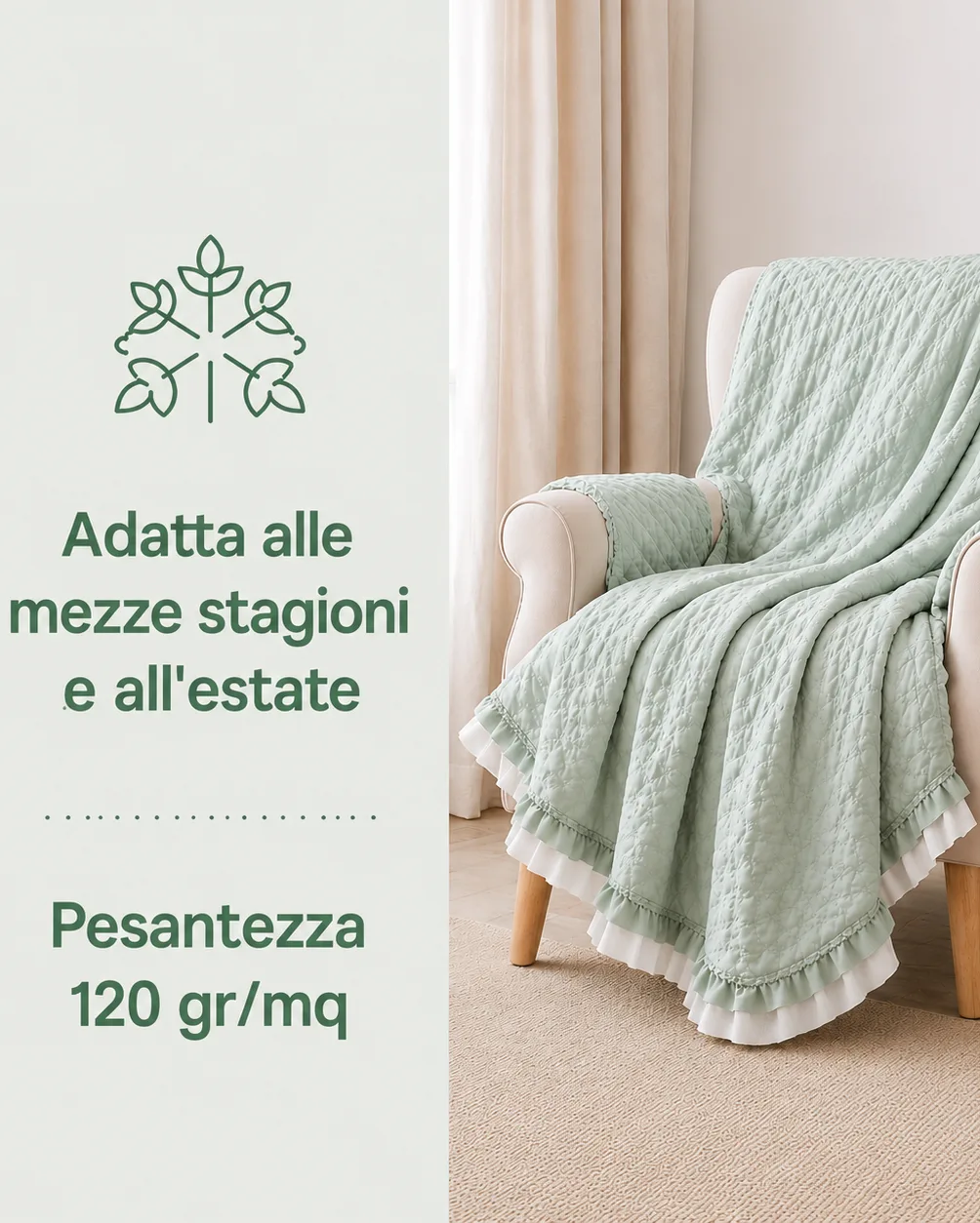 Trapuntino Singolo Shabby Chic con Rouches - Soft Touch Verde - immagine 4