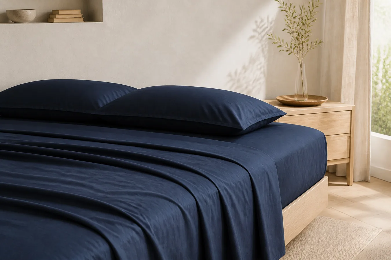Letto matrimoniale Essenza blu navy visto lateralmente con due federe 50 × 80 cm